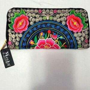 Gorgeous Boho Black Colorful Embroidered Multipocket Wallet